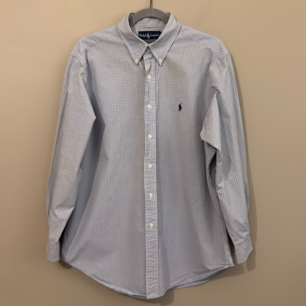 Ralph Lauren Classic Fit white/blue plaid button down long sleeve polo, 16 1/2”